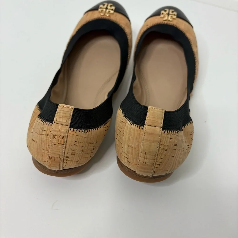 Tory Burch Black and Natural Cork Cap-Toe Ballet Flats